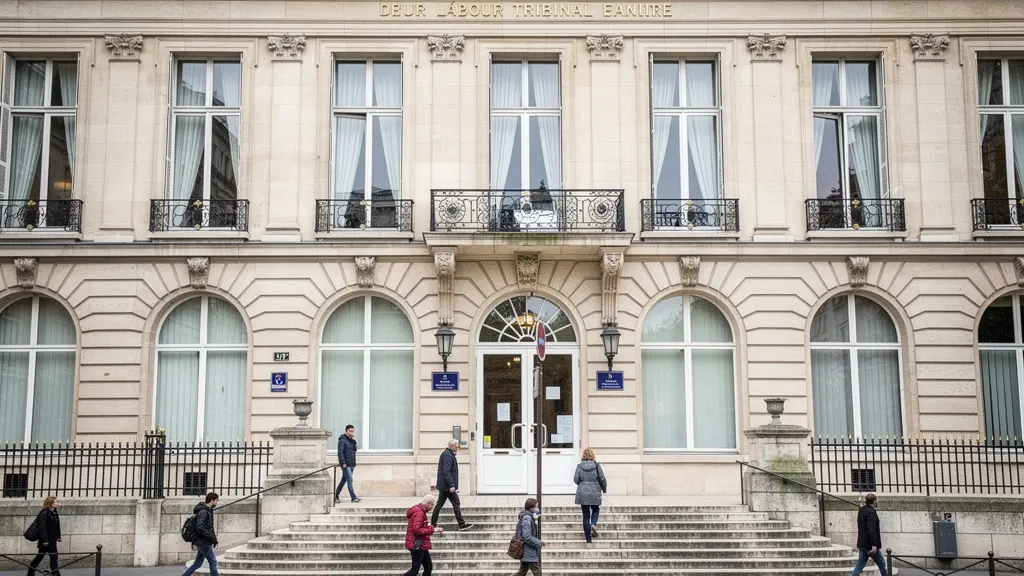 Bâtiment du Conseil de prud'hommes de Paris avec personnes en mouvement
