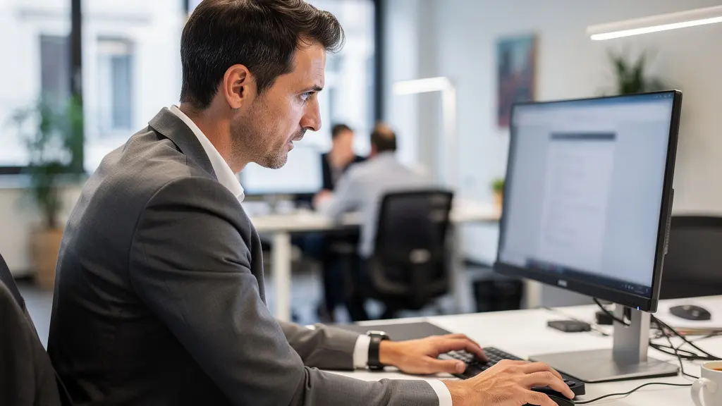 Salarié parisien préoccupé consultant ses documents professionnels sur ordinateur