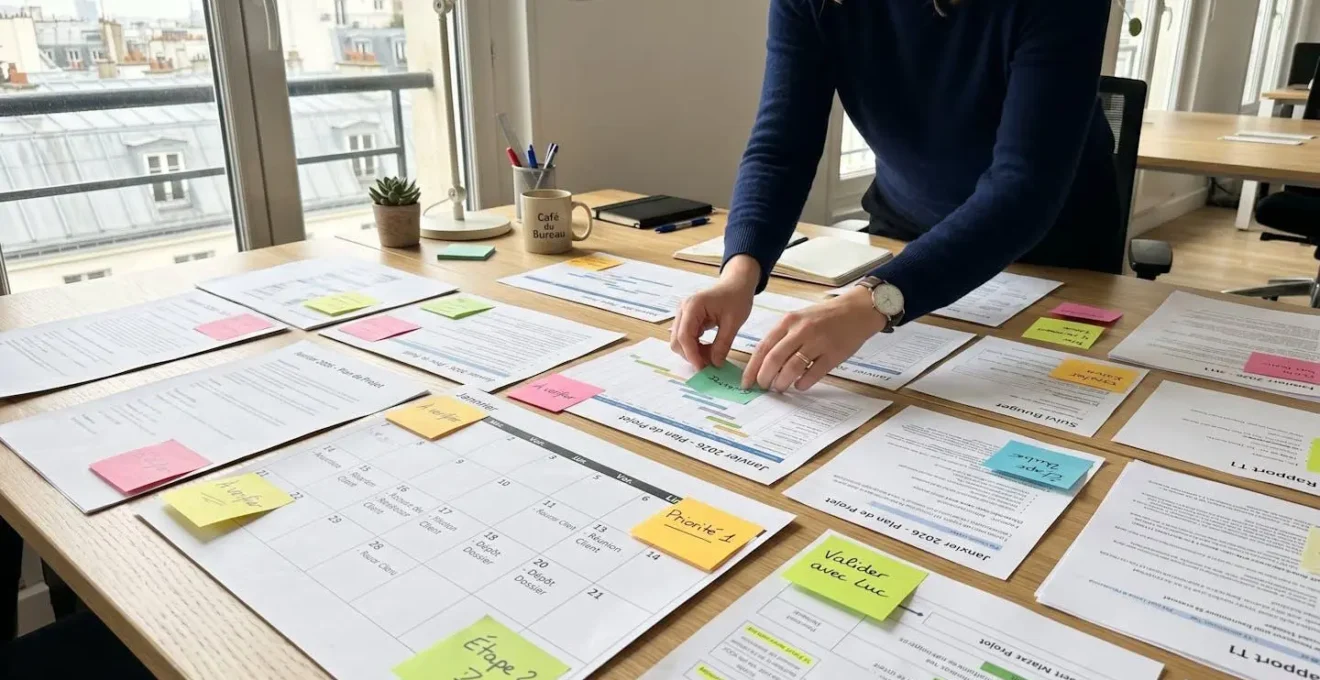 Vue de dessus sur une personne organisant un calendrier électoral avec plusieurs documents chronologiques sur un bureau