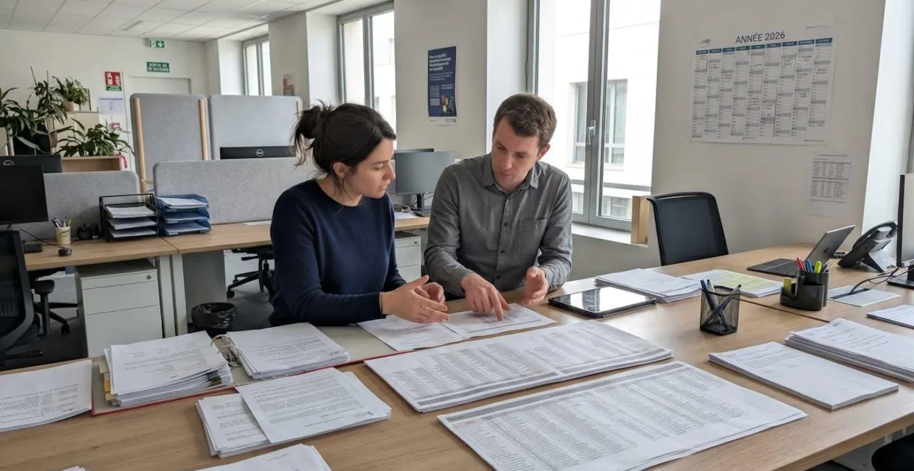 Deux professionnels consultent ensemble des documents électoraux dans un bureau contemporain, vus de dos et de profil