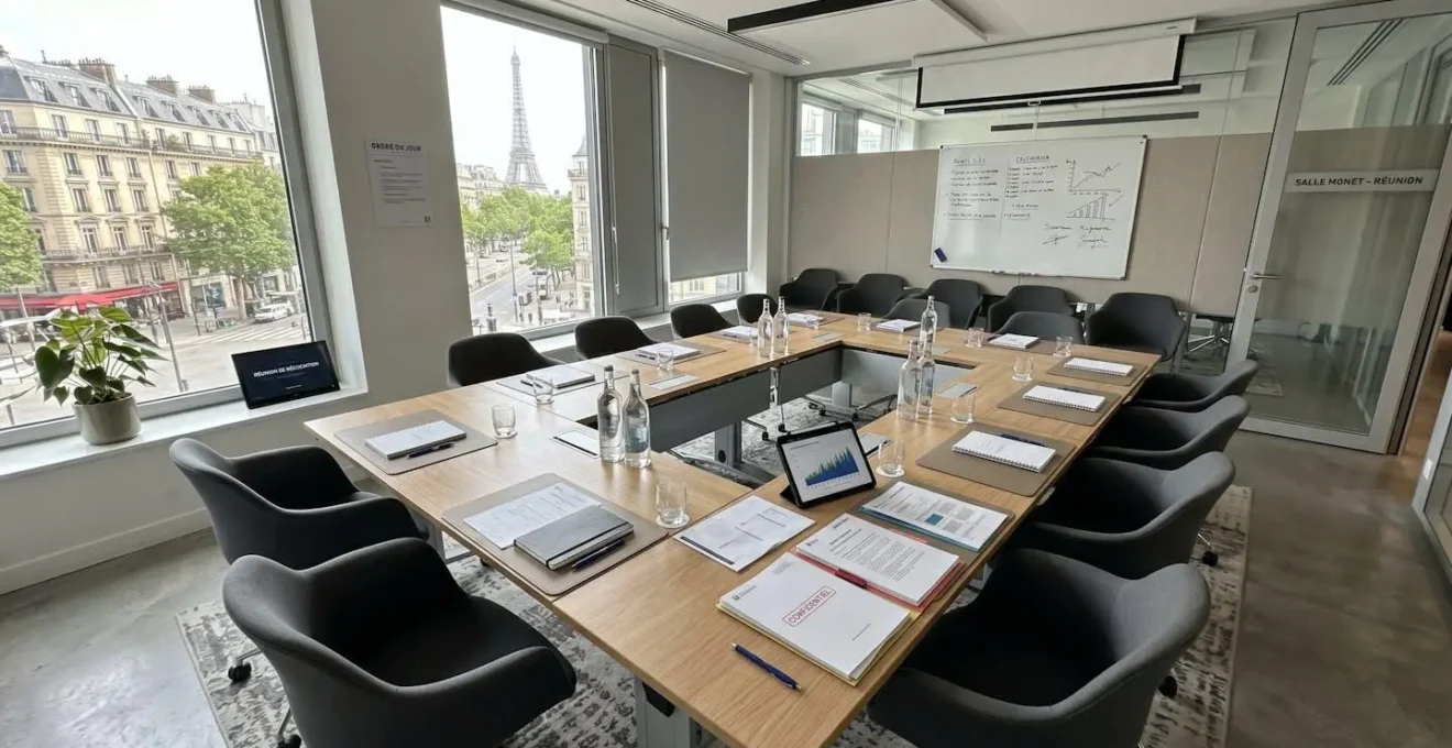 Salle de réunion contemporaine avec table de négociation préparée et documents disposés, sans présence humaine