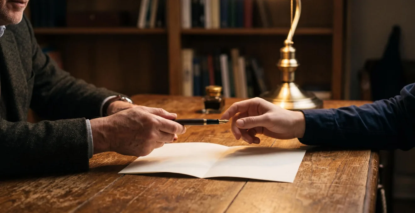 Deux mains échangeant un stylo au-dessus d'un document plié posé sur un bureau en bois, symbolisant la signature d'un acte sous seing privé