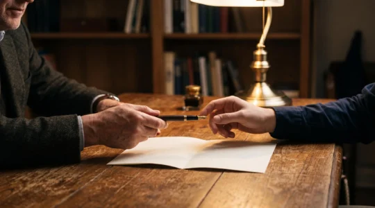 Deux mains échangeant un stylo au-dessus d'un document plié posé sur un bureau en bois, symbolisant la signature d'un acte sous seing privé