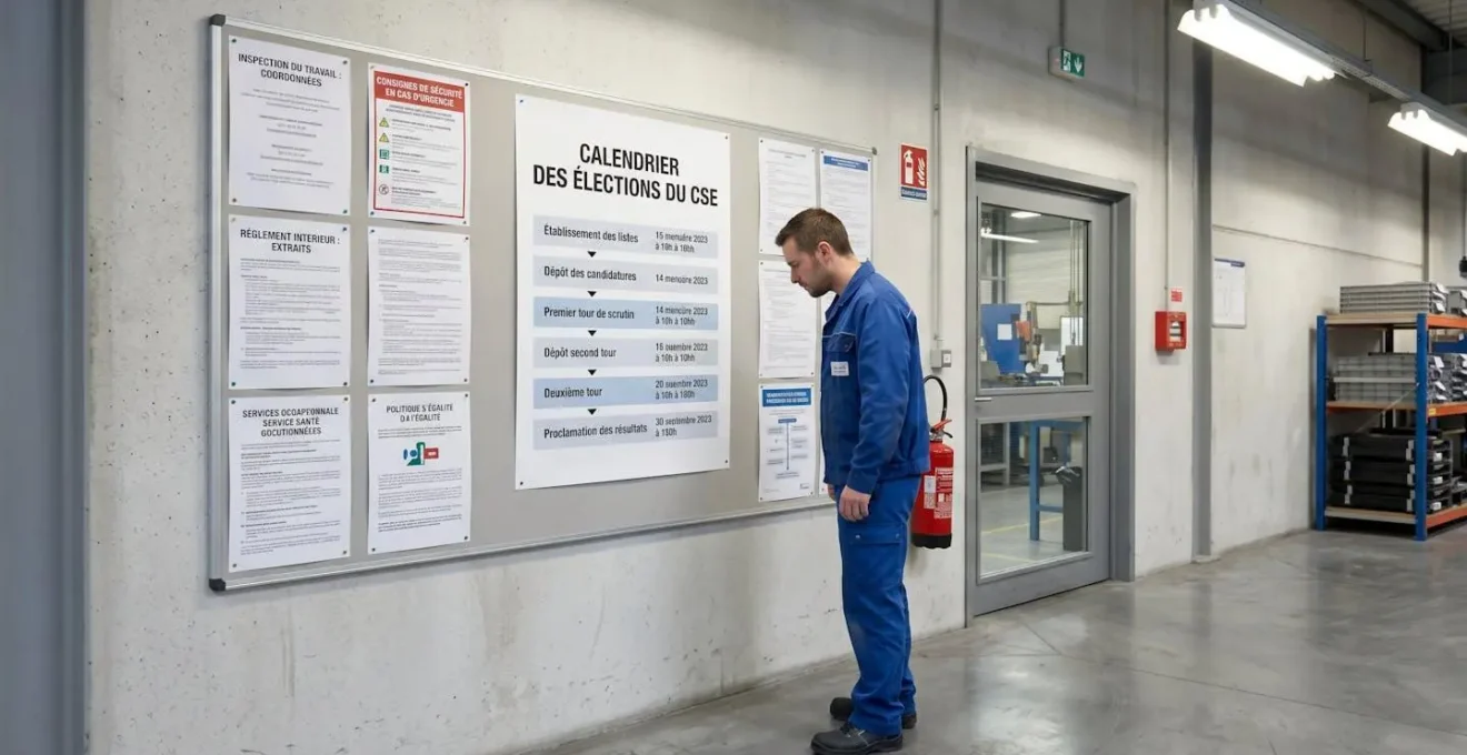 Panneau d'affichage légal dans hall d'entreprise industrielle française avec calendrier électoral CSE au centre, salarié en tenue de travail s'approchant pour consulter les informations