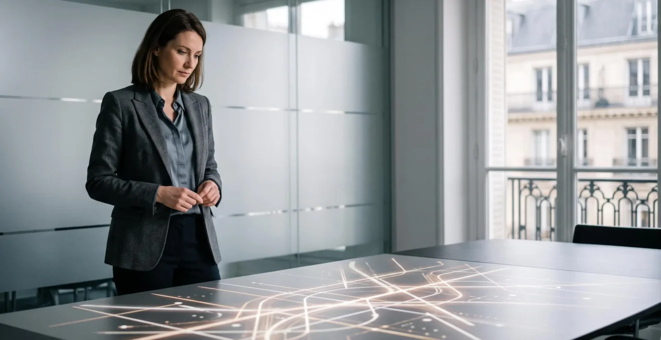 Un professionnel du droit étudie une carte de trajectoires de carrière juridique dans un bureau lumineux, symbolisant l'analyse du marché de l'emploi