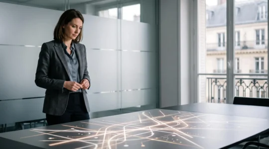 Un professionnel du droit étudie une carte de trajectoires de carrière juridique dans un bureau lumineux, symbolisant l'analyse du marché de l'emploi