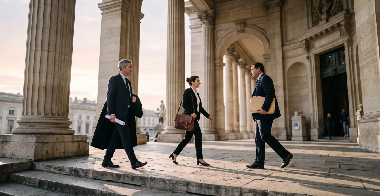 Trois silhouettes professionnelles se croisant sous le portique majestueux d'un palais de justice français, symbolisant les métiers d'avocat, d'huissier et de greffier