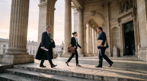 Trois silhouettes professionnelles se croisant sous le portique majestueux d'un palais de justice français, symbolisant les métiers d'avocat, d'huissier et de greffier