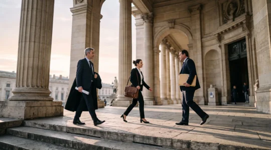 Trois silhouettes professionnelles se croisant sous le portique majestueux d'un palais de justice français, symbolisant les métiers d'avocat, d'huissier et de greffier