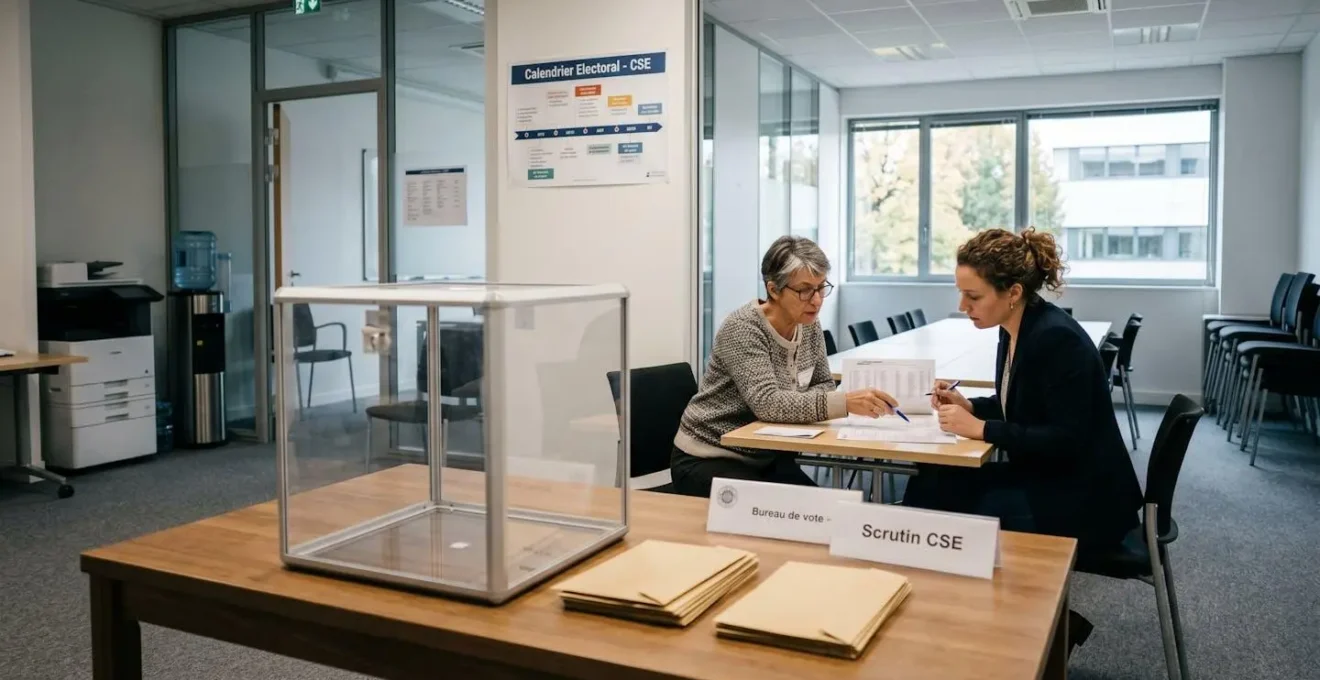 Bureau de vote CSE dans une entreprise française : urne transparente, bulletins et assesseurs examinant les listes électorales dans une salle de réunion éclairée par lumière naturelle