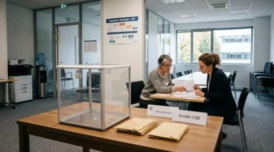 Bureau de vote CSE dans une entreprise française : urne transparente, bulletins et assesseurs examinant les listes électorales dans une salle de réunion éclairée par lumière naturelle