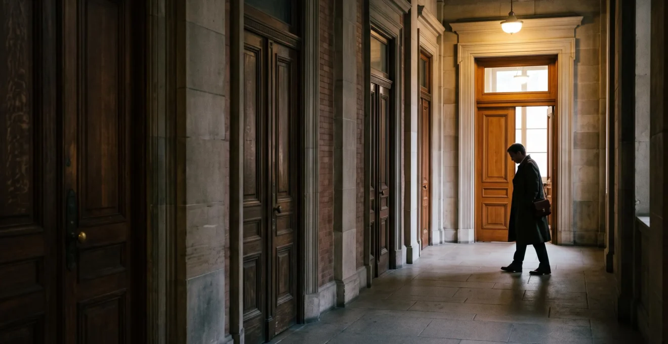 Portes symboliques représentant différentes branches du droit menant vers un choix d'expert juridique