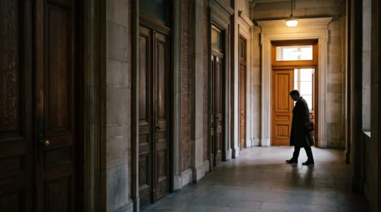 Portes symboliques représentant différentes branches du droit menant vers un choix d'expert juridique