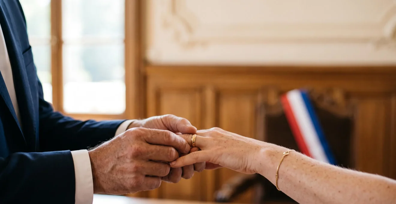 Échange d'alliances lors d'une cérémonie de mariage civil dans une mairie française