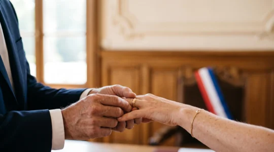 Échange d'alliances lors d'une cérémonie de mariage civil dans une mairie française