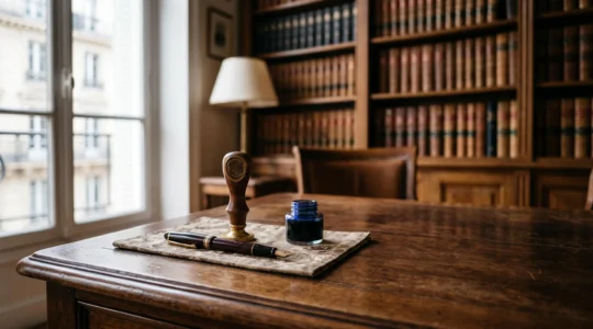 Deux mains signant un document officiel sur un bureau en bois, symbolisant le choix entre différentes formes d'actes juridiques