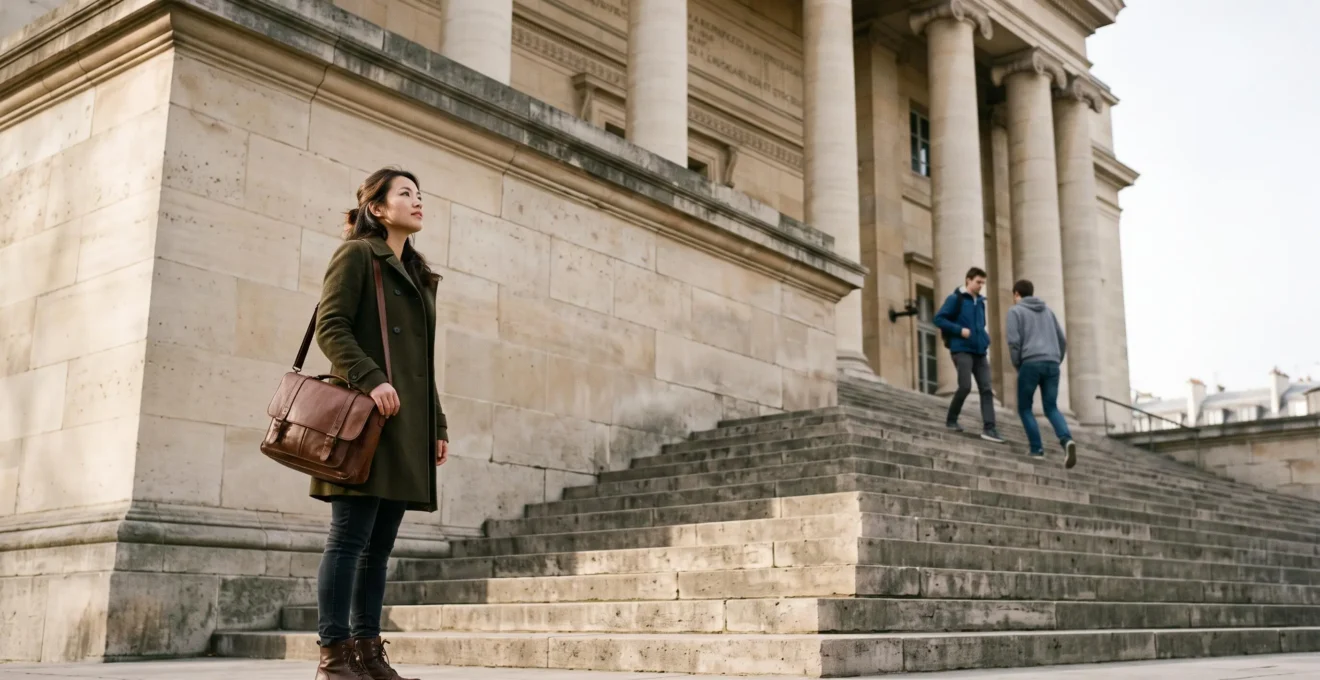 Jeune étudiant en droit face aux marches monumentales d'une grande faculté, symbolisant le choix d'orientation vers une carrière juridique