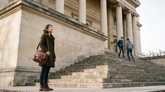 Jeune étudiant en droit face aux marches monumentales d'une grande faculté, symbolisant le choix d'orientation vers une carrière juridique