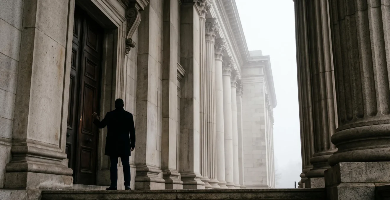 Silhouette d'un citoyen face à un bâtiment institutionnel imposant, symbolisant le recours contre une décision administrative