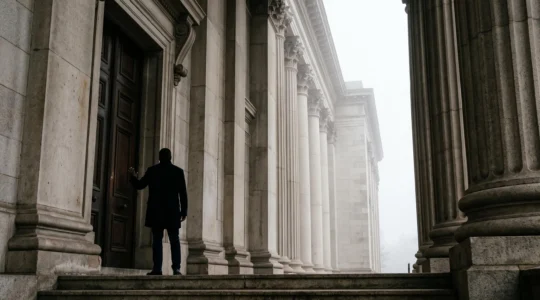 Silhouette d'un citoyen face à un bâtiment institutionnel imposant, symbolisant le recours contre une décision administrative