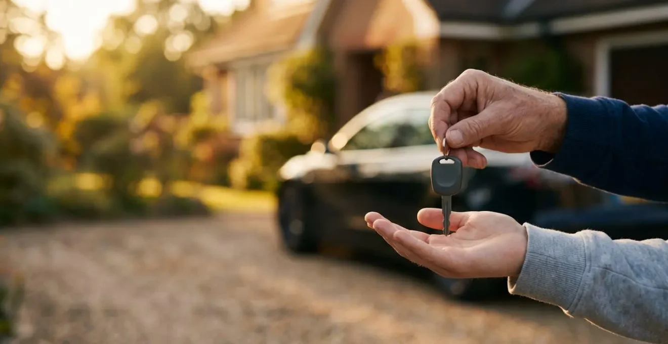 Deux mains échangeant une clé de voiture, symbole du partage de conduite entre conjoint et enfant en assurance auto