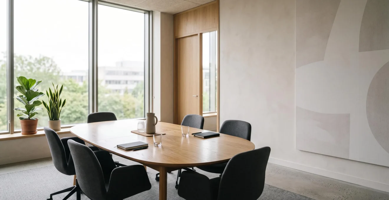Table de réunion professionnelle vide avec chaises alignées, symbolisant un climat social apaisé en entreprise