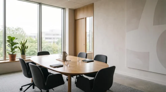 Table de réunion professionnelle vide avec chaises alignées, symbolisant un climat social apaisé en entreprise