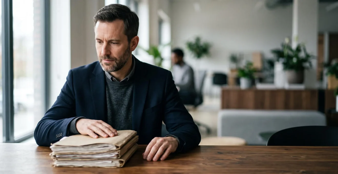 Un salarié tenant avec attention un dossier de documents juridiques épais dans un bureau lumineux, symbole de la recherche de ses droits au travail