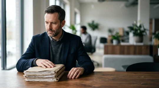 Un salarié tenant avec attention un dossier de documents juridiques épais dans un bureau lumineux, symbole de la recherche de ses droits au travail