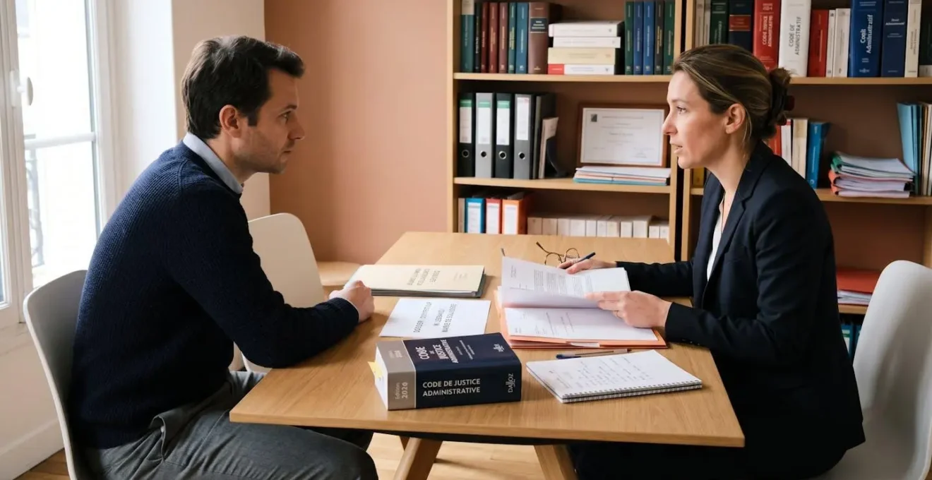 Consultation initiale entre avocat spécialisé en droit public et client dans un cabinet avec dossiers juridiques sur la table