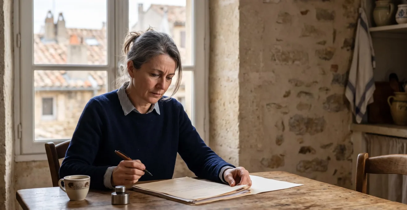 Propriétaire examinant attentivement un avis d'imposition foncier à la table de sa cuisine, symbole de la contestation d'une taxe foncière erronée