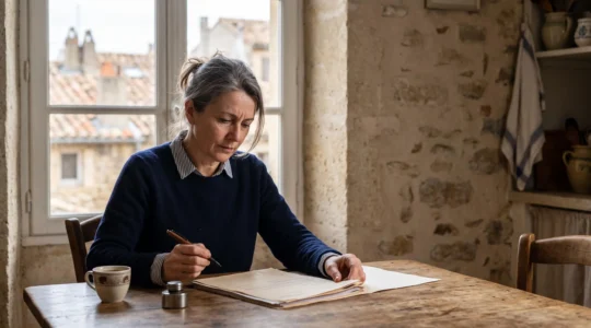 Propriétaire examinant attentivement un avis d'imposition foncier à la table de sa cuisine, symbole de la contestation d'une taxe foncière erronée
