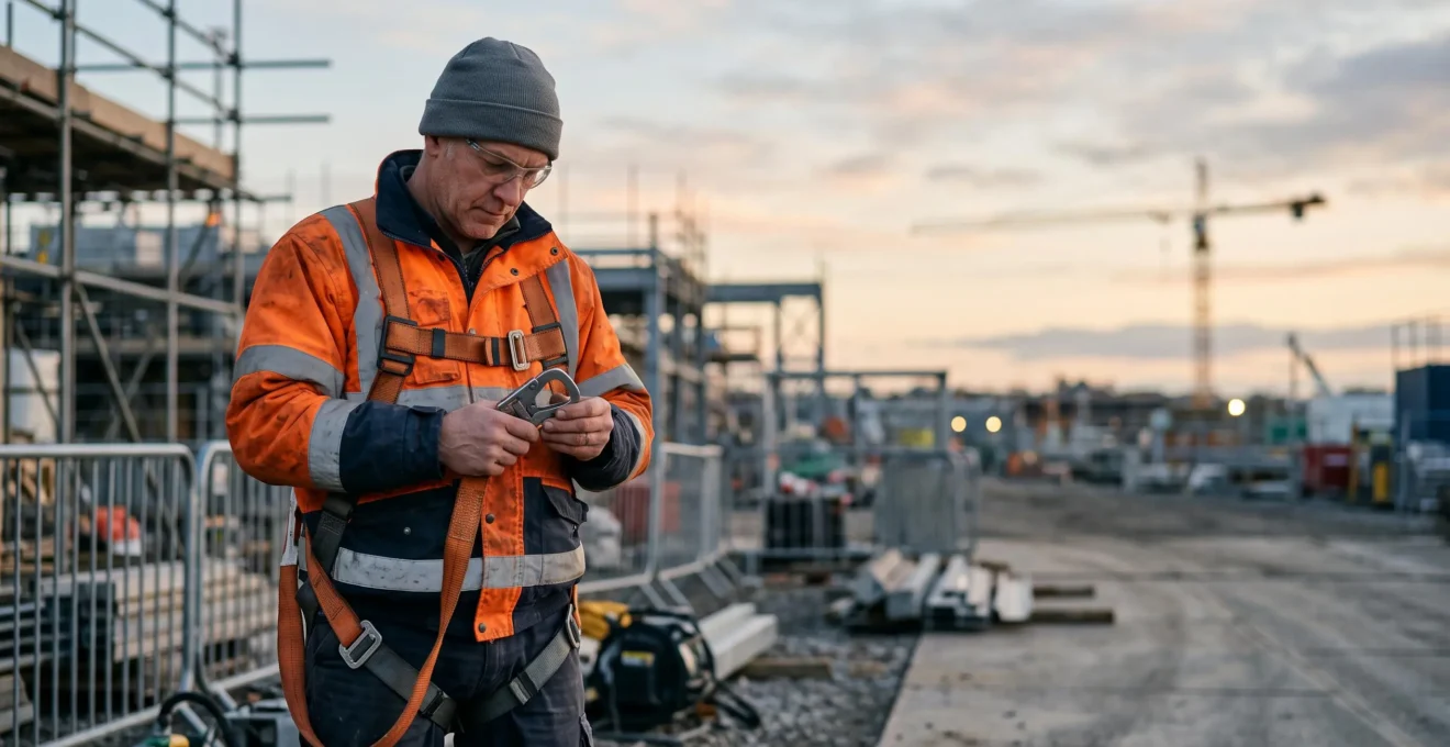 Un responsable examine attentivement un équipement de sécurité sur un site industriel au lever du jour