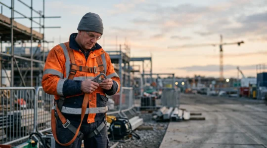 Un responsable examine attentivement un équipement de sécurité sur un site industriel au lever du jour