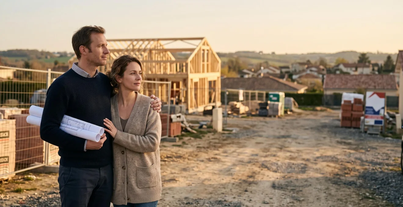 Un couple de futurs propriétaires observe son terrain en tenant des plans architecturaux, symbolisant les démarches administratives d'un projet immobilier
