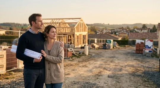 Un couple de futurs propriétaires observe son terrain en tenant des plans architecturaux, symbolisant les démarches administratives d'un projet immobilier