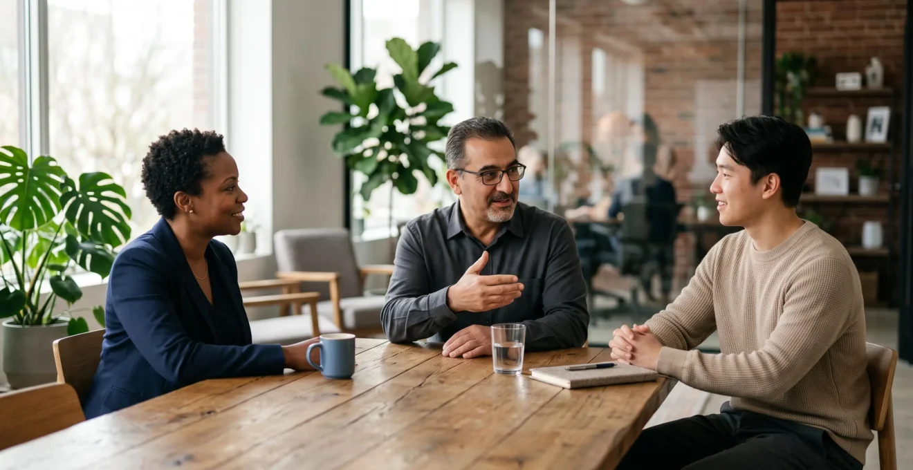 Un dirigeant et des représentants du personnel échangent calmement autour d'une table lors d'un dialogue social apaisé en entreprise