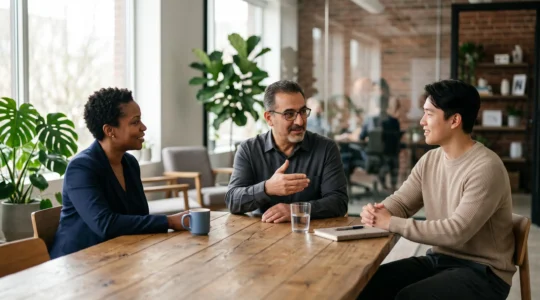 Un dirigeant et des représentants du personnel échangent calmement autour d'une table lors d'un dialogue social apaisé en entreprise