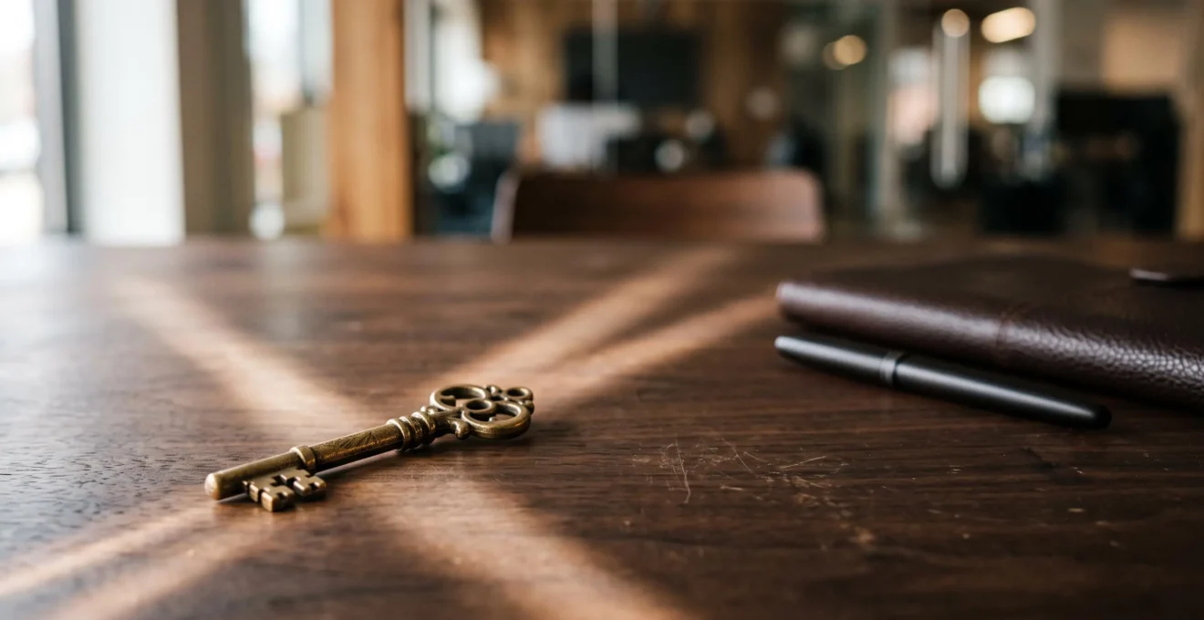 Une clé posée sur un bureau en bois ouvrant plusieurs chemins symbolisant les multiples débouchés d'un diplôme de droit