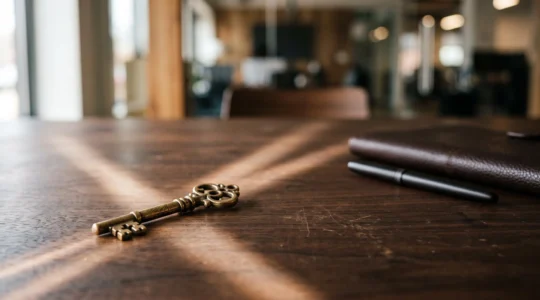 Une clé posée sur un bureau en bois ouvrant plusieurs chemins symbolisant les multiples débouchés d'un diplôme de droit