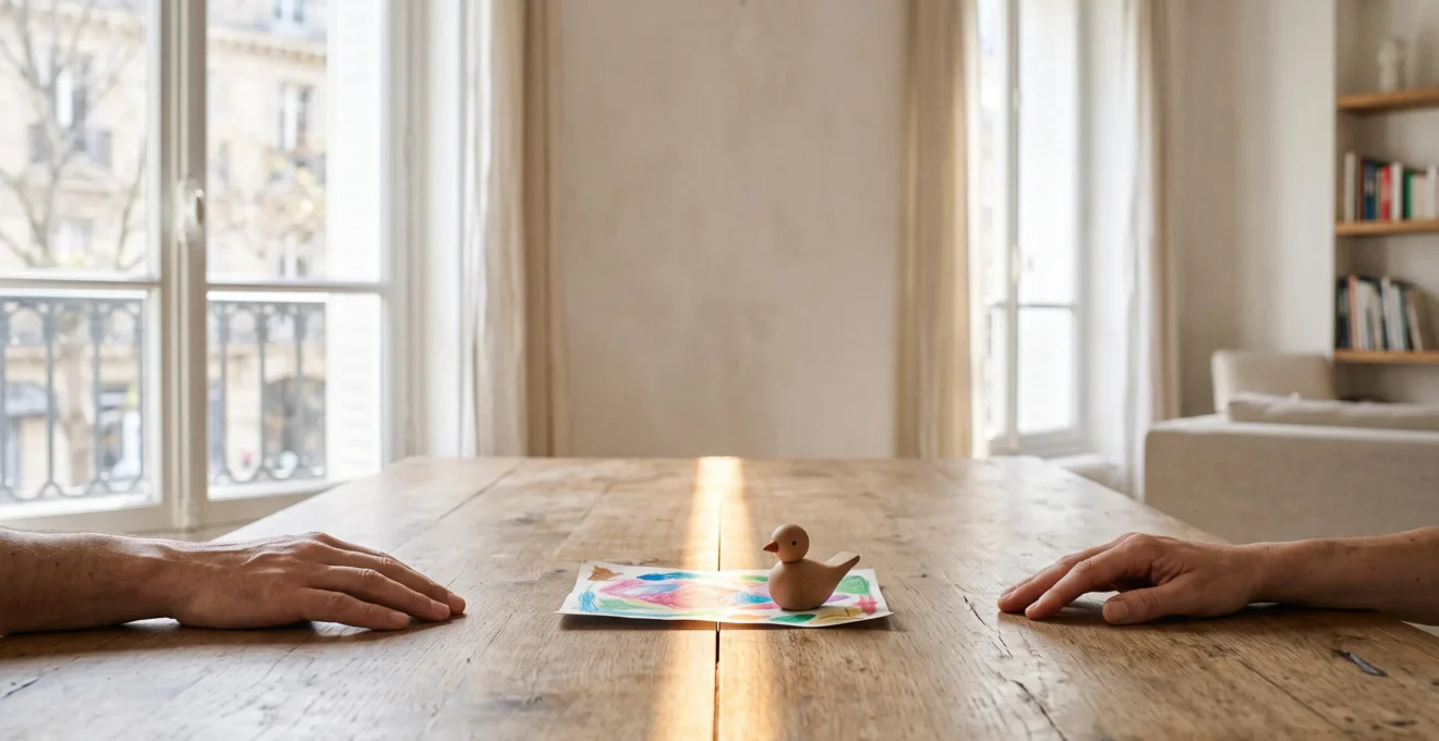 Illustration symbolique d'une séparation familiale apaisée, avec un espace partagé entre deux adultes et un enfant au centre