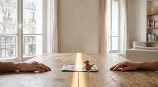Illustration symbolique d'une séparation familiale apaisée, avec un espace partagé entre deux adultes et un enfant au centre