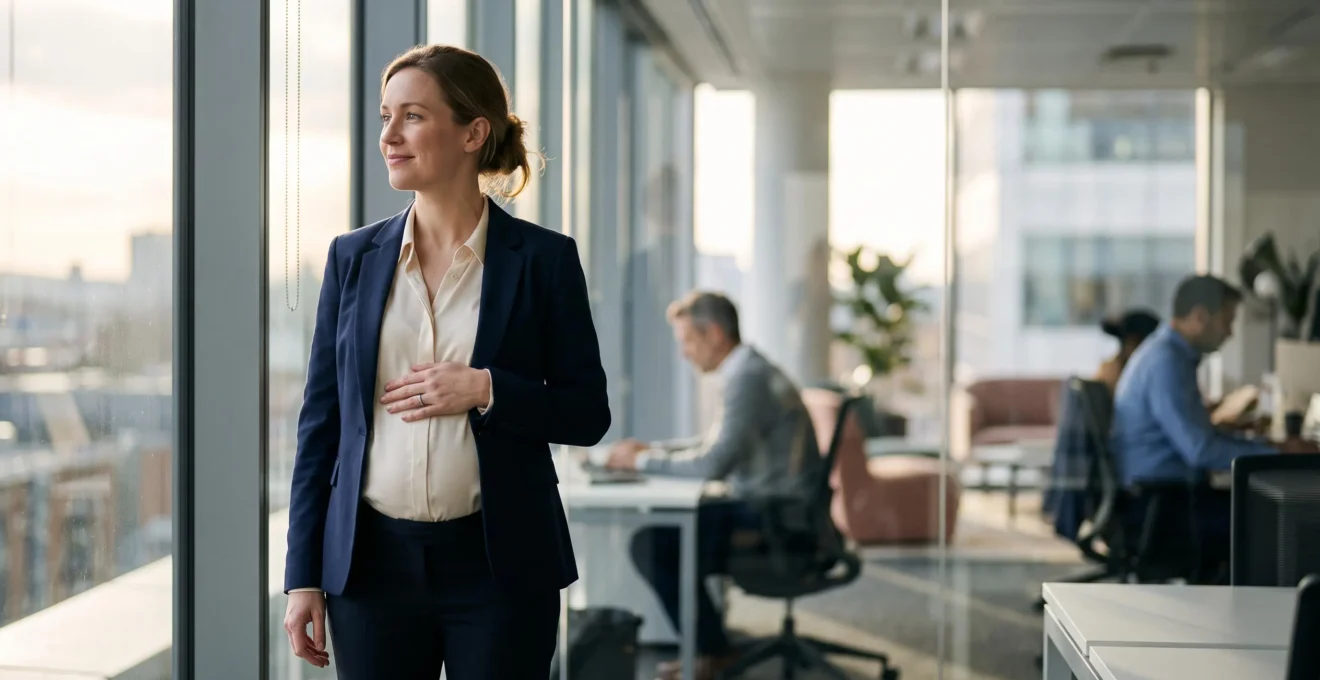 Femme enceinte en tenue professionnelle debout dans un bureau lumineux, incarnant la sérénité et la détermination face à ses droits au travail