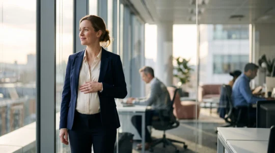 Femme enceinte en tenue professionnelle debout dans un bureau lumineux, incarnant la sérénité et la détermination face à ses droits au travail