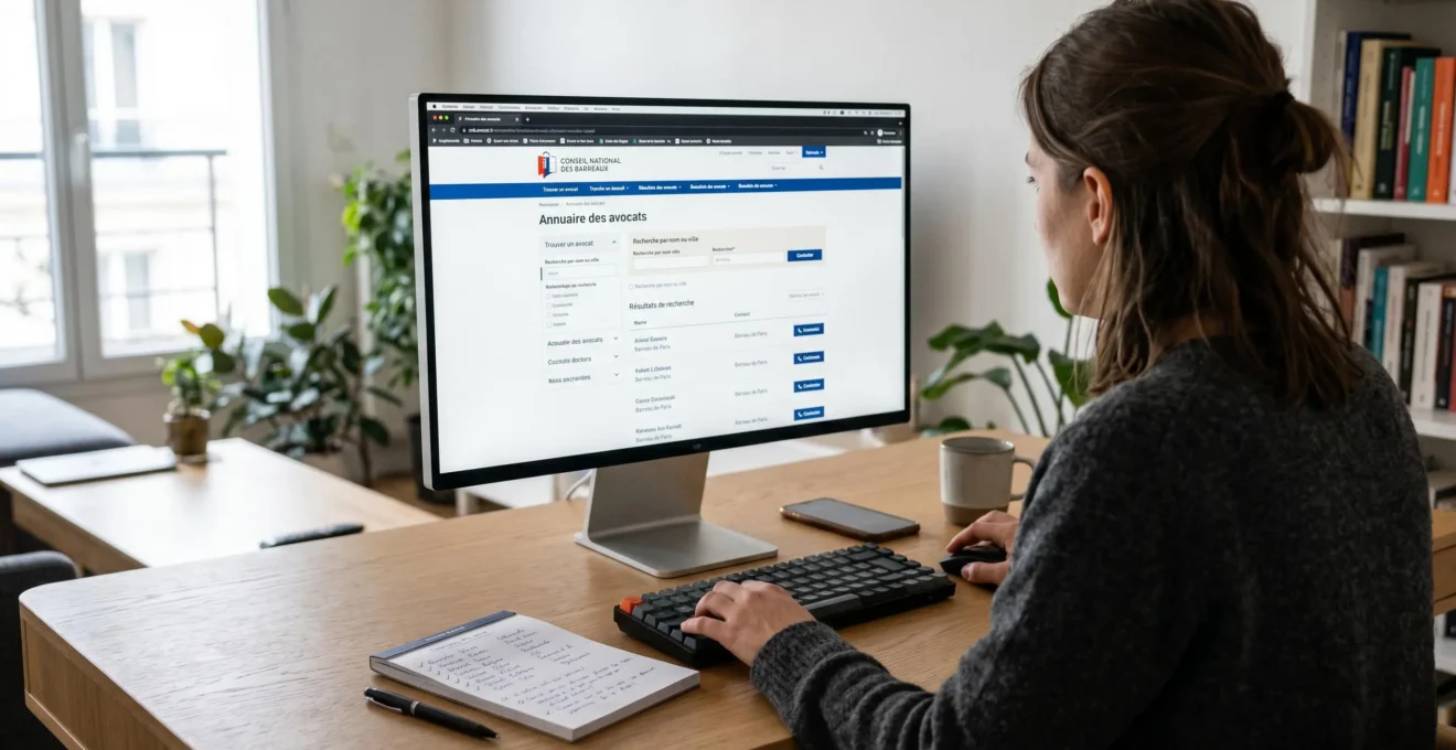 Écran d'ordinateur affichant l'annuaire des avocats du Conseil National des Barreaux avec interface en français