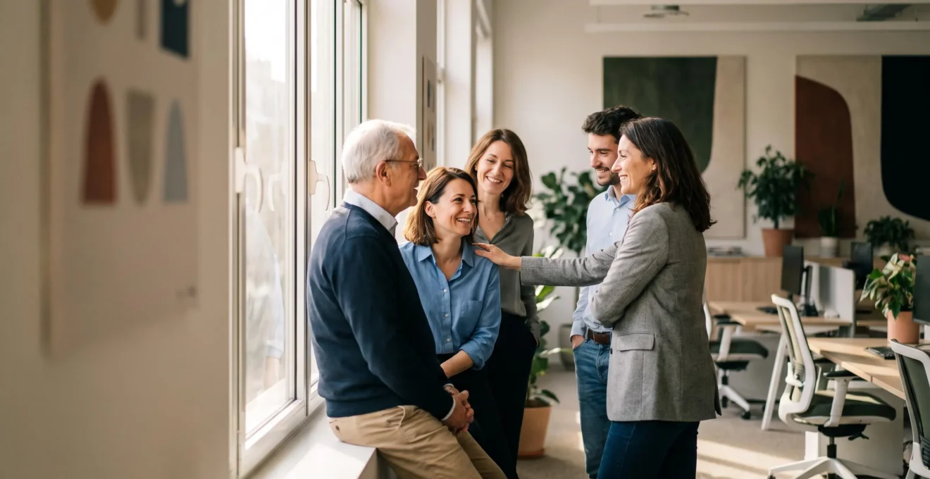 Groupe de salaries souriants et detendus dans un bureau lumineux, symbolisant la confiance et la fidelite envers leur employeur