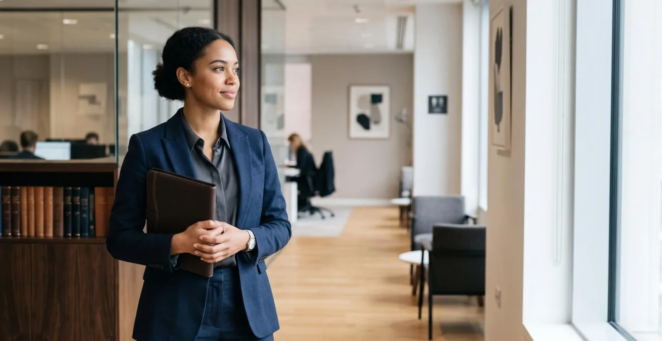 Un professionnel du droit consultant des dossiers dans un bureau moderne symbolisant la montée en compétences juridiques