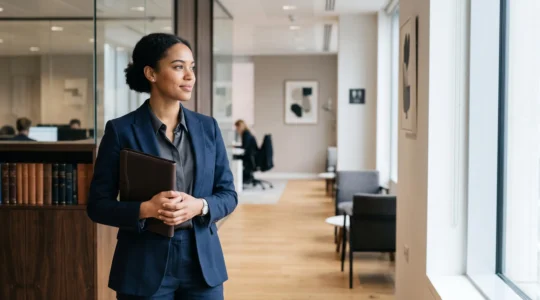 Un professionnel du droit consultant des dossiers dans un bureau moderne symbolisant la montée en compétences juridiques