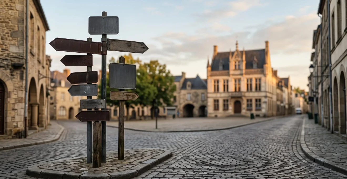 Panneaux directionnels abstraits symbolisant le choix de la bonne autorité administrative parmi plusieurs interlocuteurs locaux