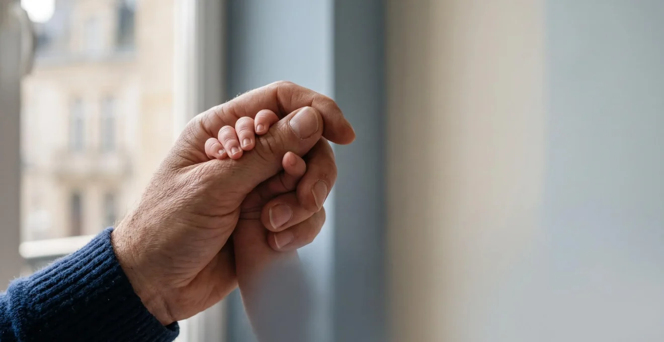 Main d'un parent tenant délicatement la main d'un nouveau-né, symbole du lien de filiation juridique en France